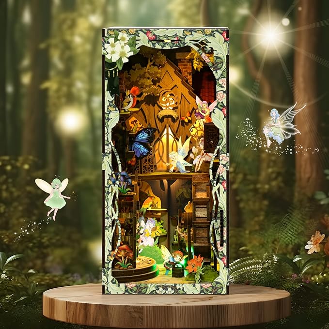 ISSEVE Book Nook Kit, DIY 3D Wooden Puzzle Dollhouse Booknook for Adults, Tiny Miniature House Kit Bookshelf Decor with LED Light and Dust Cover, Gifts for Family and Friends (Forest Secret World)