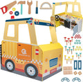 Construction Truck Wooden Playset w 60+ Toy Pieces- Pretend Hammer Saw Bolts, Screws- Spinning Turn Saw, Steering Wheel, Wood to Pull Apart- Dual Sided Stand Center, Workbench Building Kids Xmas Gift
