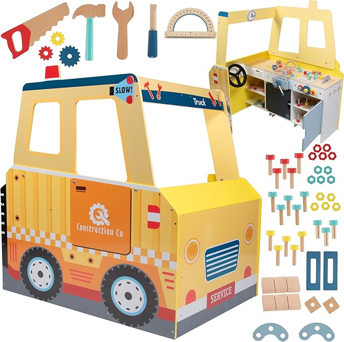 Construction Truck Wooden Playset w 60+ Toy Pieces- Pretend Hammer Saw Bolts, Screws- Spinning Turn Saw, Steering Wheel, Wood to Pull Apart- Dual Sided Stand Center, Workbench Building Kids Xmas Gift