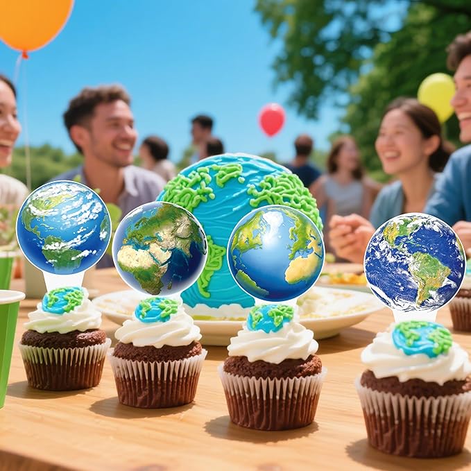 48pcs Earth Globe Cupcake Toppers Earth Day Party Decorations Globe World Map Theme Cake Cupcake Picks for Travel Around The World Birthday Party Earth Day Baby Shower Supplies