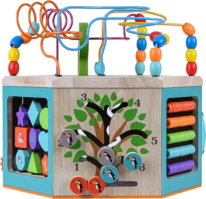 Teamson Kids Preschool Play Lab 7-in-1 Large Wooden Activity Cube Station Center Bead Maze and Counting for Kids Baby Toys, Natural