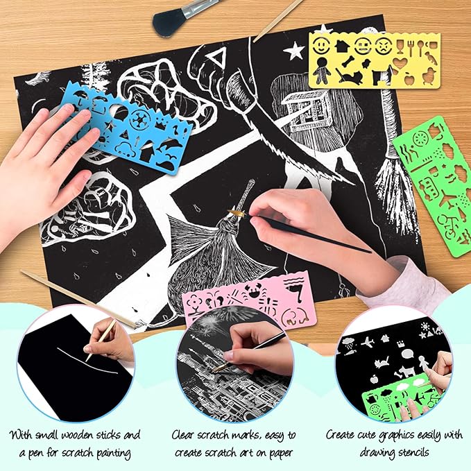 ZOCONE Scratch Paper Art Set, 30 Sheets 8x11in Black Coated Scratchboard Large Scratch Paper with Wooden Styluses and Stencils, DIY Scratch Painting Art Paper for Kids Adults Birthday Christmas Gift