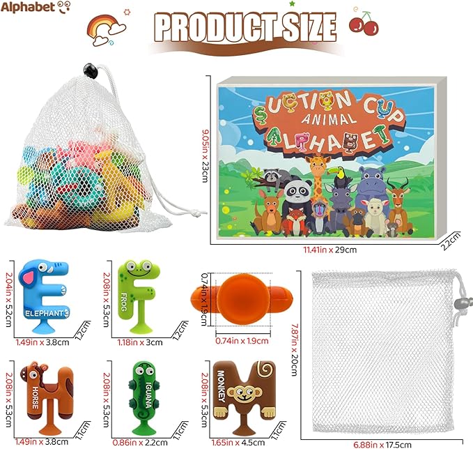 Suction Bath Toy for Toddler, 26PCS Animal Alphabet, Montessori Sensory Toy Gift for Kids Aged 3-12, Educational Spelling for Autism/ADD/ADHD,No Hole Bath Toy for Baby Toddlers