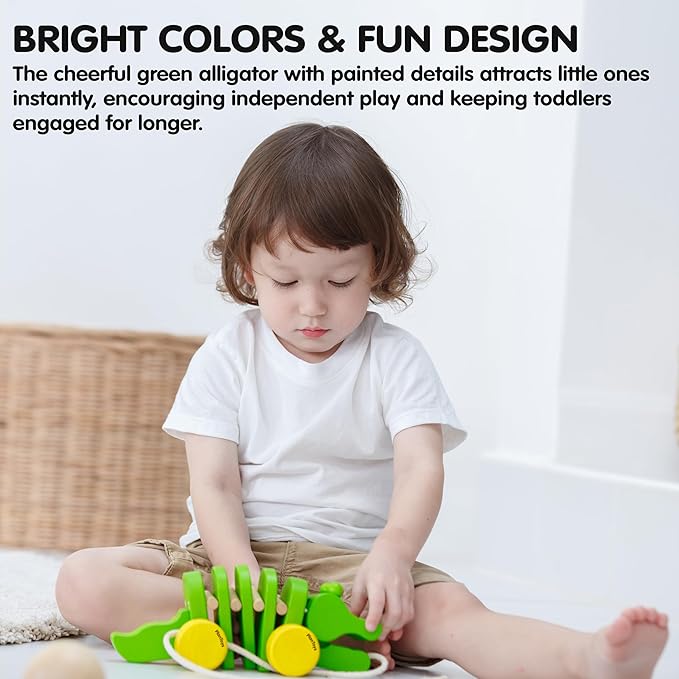 PlanToys® Dancing Alligator Pull Toy for Toddlers | Eco-Friendly Wood Toy with Click-Clack Sound | Walking Toy for Babies