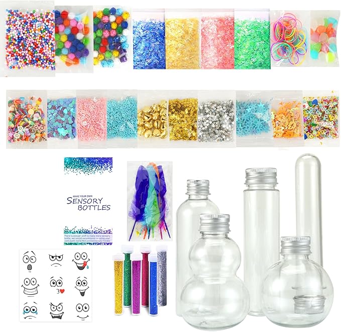 Sensory Bottles Kits for Calm Down Corner Supplies Magic Mixies Sensory Toys for Toddlers1-3 Kids with Glitter, 5 Fun Shaped Containers