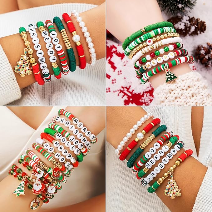 3680pcs Christmas Polymer Clay Beads Charms for Bracelets Making Kit Christmas Tree Snowman Santa Claus Snowflakes Bells Socks elk Friendship DIY Arts Crafts Gifts for Kids Girls