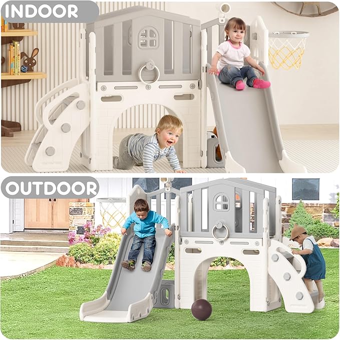 KORIMEFA 7 in 1 Toddler Slide Playset, Kid Slide for Toddlers Age 1-3 with Ring Toss, Basketball Hoop, and Telescope, Indoor Outdoor Slide Toddler Playset Playground, Gray