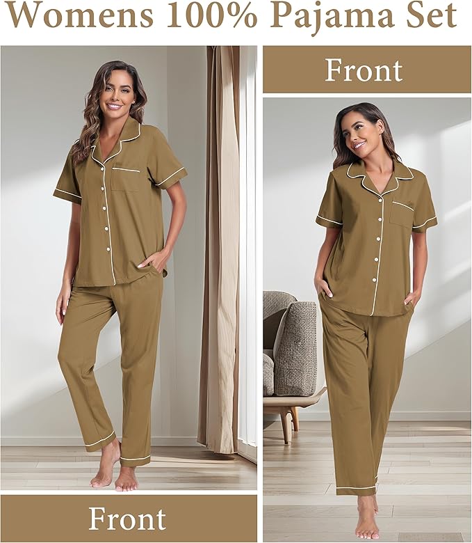 CF Womens 100% Cotton Pajamas Set Button Down Pjs Sets Short Sleeve Top & Long Pants Sleepwear Comfy Loungewear with Pockets