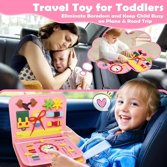 MAJAVI Busy Board Montessori Toys for 1 2 3 4 Year Old, Busy Book for Toddlers 1-3 Boys Girls Birthday Gifts, Sensory Educational Activities Travel Toys for Learning Fine Motor Skills, Pink-3 Pages
