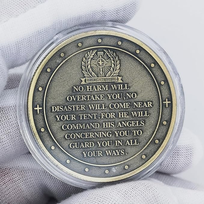 Archangel Michael Challenge Coin Religious Art Collectible with Inspirational Scripture Psalm 91:10 – 11 (Single Coin)