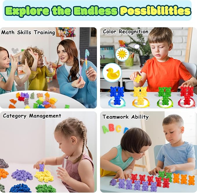 XINHUIDALSQ Rainbow Counting Bears Set of 60, 6 Colors Sorting Teddy Plastic Bears Math Manipulatives for Toddlers, 1 Inch Bear Conters Ages 3+ Kids