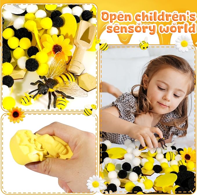 Hiawbon Bee Sensory Bin Tools, Wooden Sensory Tool Sets, Bee Growth Cycle, Honeycomb Model, Bee Themed Pom Pom Bee Sunflower Wooden Chip Scoops for Counting Sorting Hammering Pounding