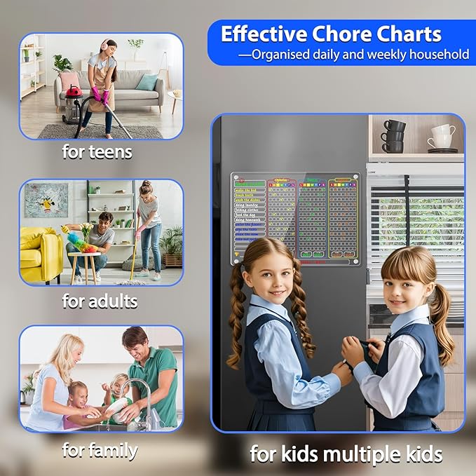 PigPotParty Acrylic Magnetic Chore Chart for Multiple Kids, 3-Kid Family, 16"x12" Large Dry Erase Chore Board, Responsibility Chart for Teens & Adults, with 12 Markers & Towel