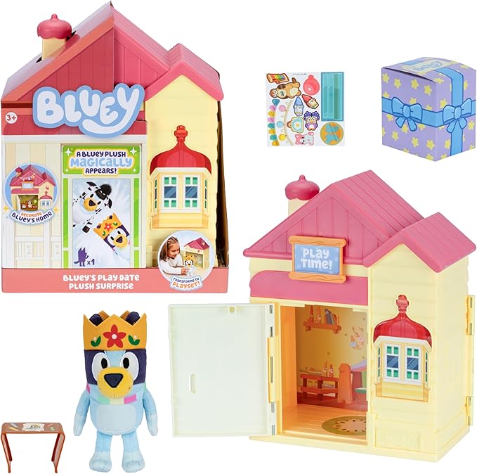 Bluey Play Date Plush Surprise, Decorate House with Stickers, Attach The Play Time Sign, Then Open The Door for a Surprise to Appear, Style May Vary