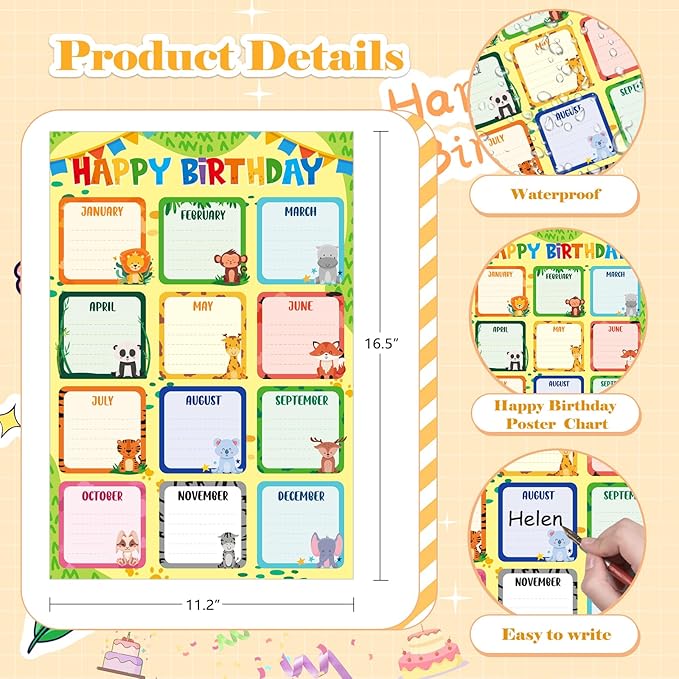 FLYAB Birthday Chart for Classroom - 11.2''x16.5'' Animals Happy Birthday Calendar Poster for Kids Back to School Bulletin Board Decorations Teacher Supplies