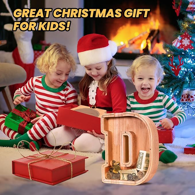 KMC Wooden Letter Piggy Bank, Personalized Initial Piggy Bank for Kids Boys, Clear Alphabet D Wood Money Box, Unbreakable Coin Saving Jar, Birthday, for Children
