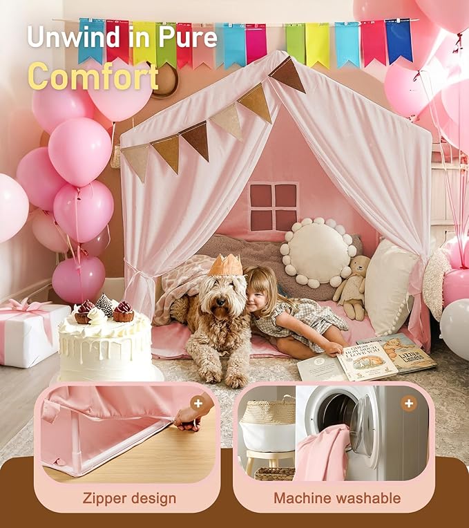Kids Tent, Play Tent with Star Lights, Large Play Tents with 2 Windows, Kids Playhouse Indoor & Outdoor, Reading Nook, Christmas Toddler Tents for Girls & Boys, 52" x35" x 51", Pink