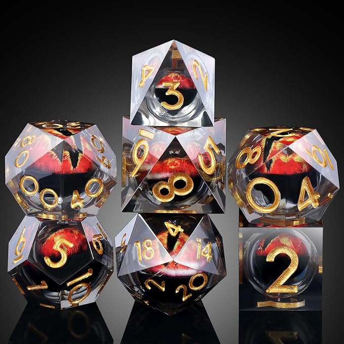 Resin Dragon Eye Dice Set,DNDND 7PCS Sharp Edge D&D Dice with Gorgeous Gift Case for Dungeons and Dragons Talbel Game (Red Dragon Eye)