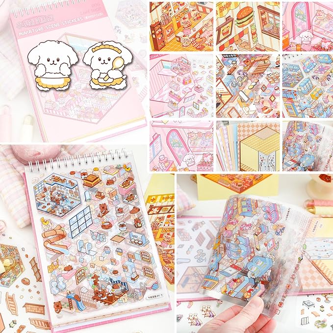 Scene Sticker Book for Kids, 20 Sets of 3D Sticker Scenes for Adults Fun Mini Cute Kawaii Stickers Therapy 3D Scenes 3D House Stickers Set Relief Stress Pass The Time