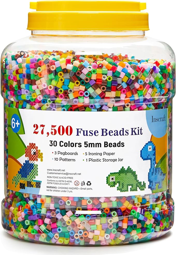 INSCRAFT 27,500 pcs Fuse Beads Kit for Kids Crafts, 30 Colors Iron Beads Set with 3 Pegboards, 5 Ironing Paper, 10 Patterns, Gifts for Birthday Christmas, Multicolor 5mm Melty Beads Bulk Refill Kit