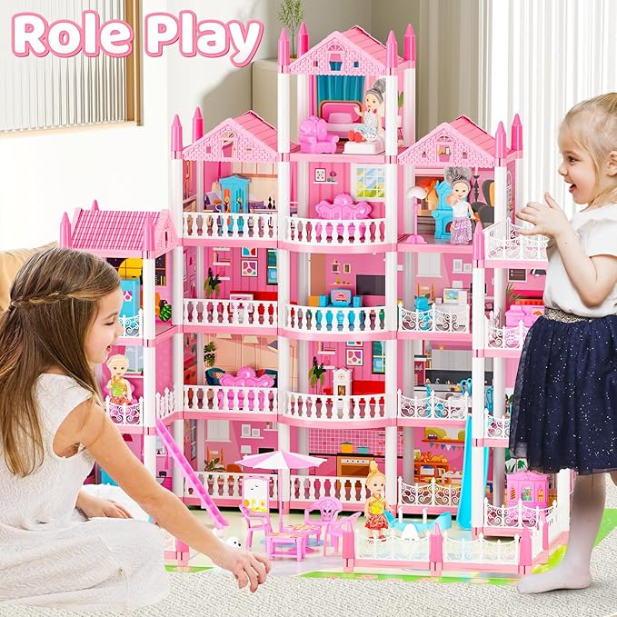 5-Story Dream Doll House for Girls with 19 Rooms, Lights, Dolls, and Furniture - Large DIY Playhouse for Grils Ages 6-16 - Perfect Imaginative STEM Gift for Birthdays & Holidays & Christmas
