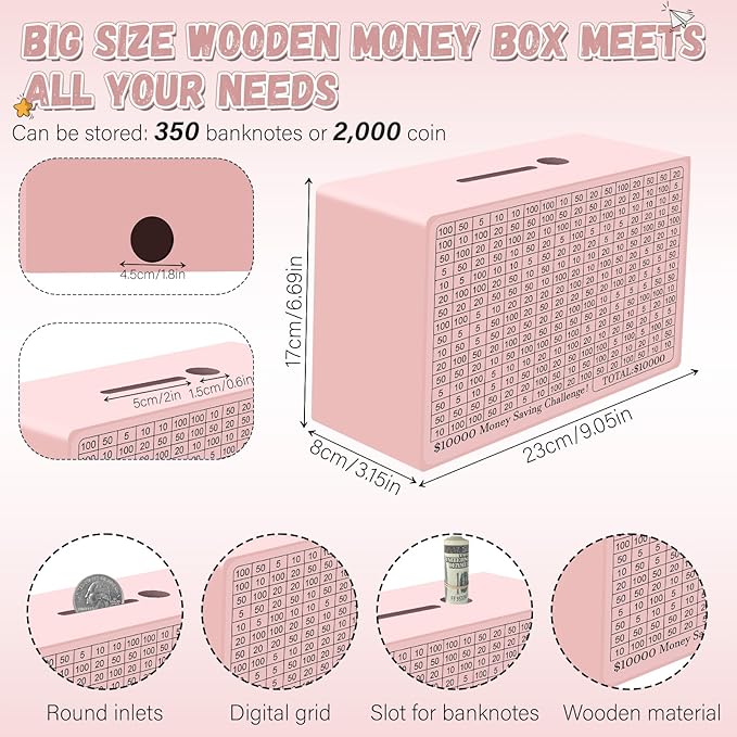 Wooden Cash Savings Box with Counter, Vault Bank for $10000 $5000 $3000 $1000 $800 $500 Target Money Challenge, Reusable Money Box with Dry Erase Pen/Savings Trackers/Rubber Band-Pink