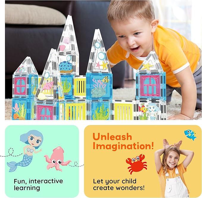 PicassoTiles 50 Piece Magnetic Tiles Mermaid Theme Magnet Building Blocks Toddler Toy Educational STEM Learning Kit Construction Set Pretend Play Preschool Kid Game Toddler Girl Boy Ages 3 & Up PTQ34