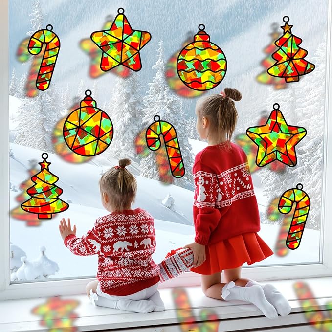 QOUBAI 32 Sets Christmas Theme Suncatchers Craft Kit DIY Window Stained Glass Effect Christmas Theme Paper Crafts Home School Classroom Decoration Kid Birthday Gift Creative Art Project Activity Game