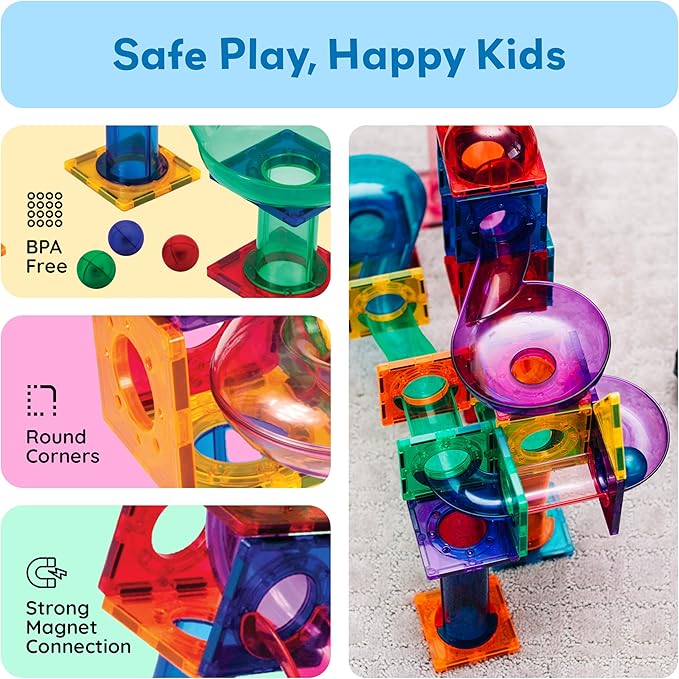 PicassoTiles 100pc Magnetic Marble Run Set with Racing Track Tiles Funnels Curved Slopes and Steel Balls for Kids STEM Construction Indoor Learning Toy That Promotes Focus and Problem Solving PTG100