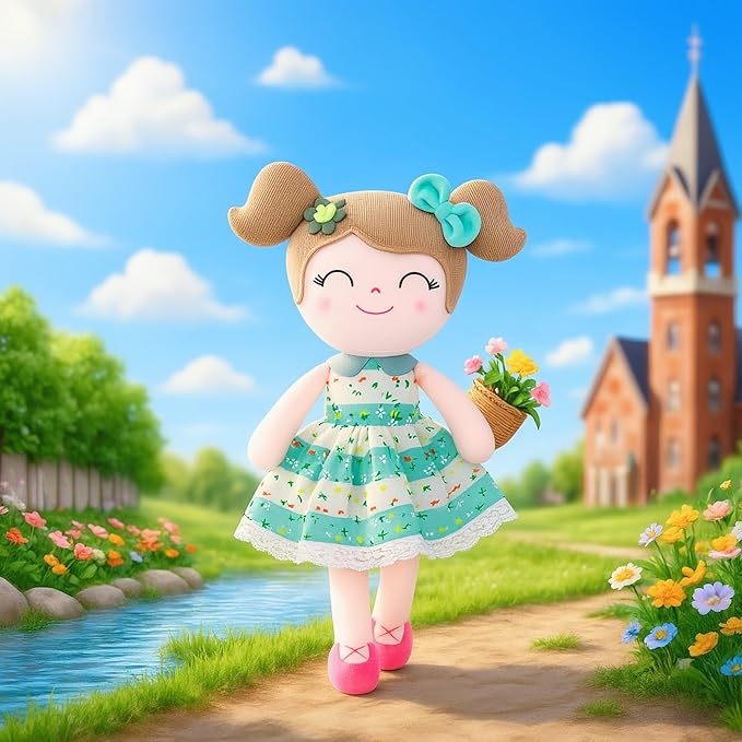 Gloveleya Baby Girl Gifts – Soft First Plush Doll with Gift Box, Spring Green Dress 16 Inch, Snuggly Birthday Present, for Toddler Girls