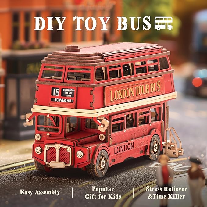 ROBOTIME 3D Puzzles for Adults Wooden Puzzle London Tour Bus DIY Model Kit to Build Educational Brain Teaser Toy for Craft Decor Gift