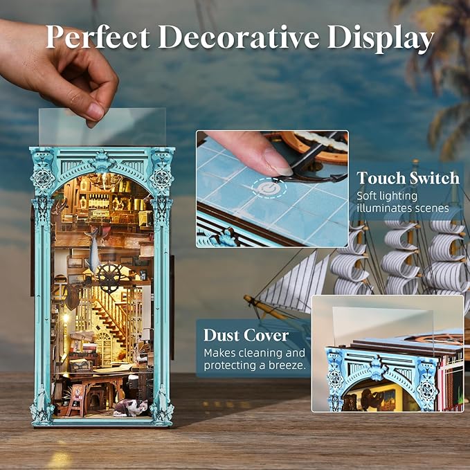 𝗠𝗶𝗻𝗶𝗖𝗶𝘁𝘆 Book Nook Kit, DIY Miniature Dollhouse Booknook Bookshelf Insert Decor, 3D Wooden Puzzles with LED Light for Teens and Adults(Hemingway House)