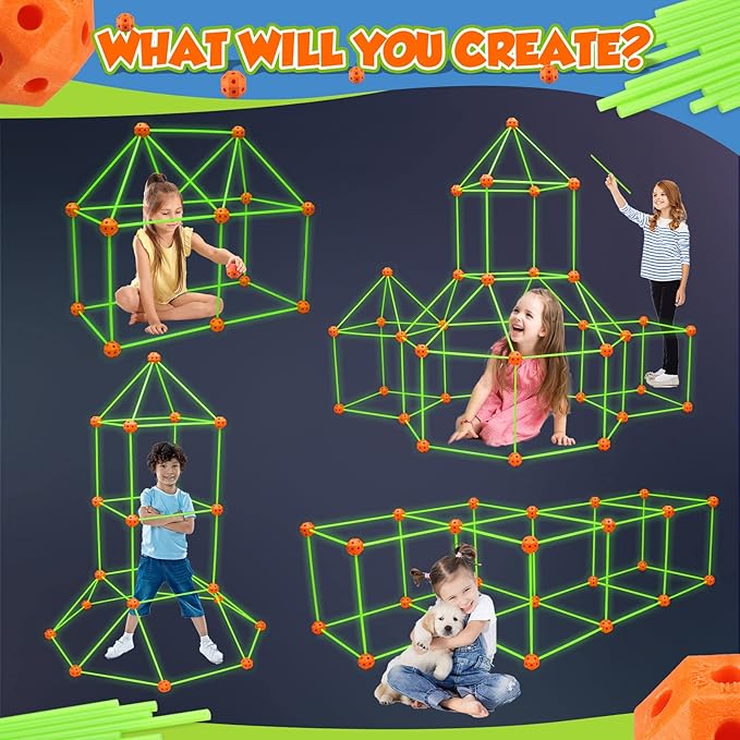 Fort Building Kit for Kids - 100 Pcs Glow in The Dark Creative STEM Building Toys, Fun Fort Indoor Outdoor Toys Gift for Boys & Girls Age 5 6 7 8 9 10 Year Old