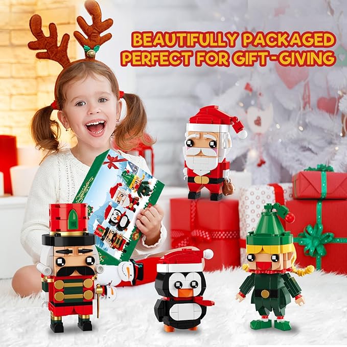 Christmas Building Blocks Santa Claus Nutcracker Elf Penguin Kit for Kids, Xmas Ornaments Bricks Set Figures Toy Gifts for Party Favors Goodie Bags Stuffers for Boys Girls 6 up