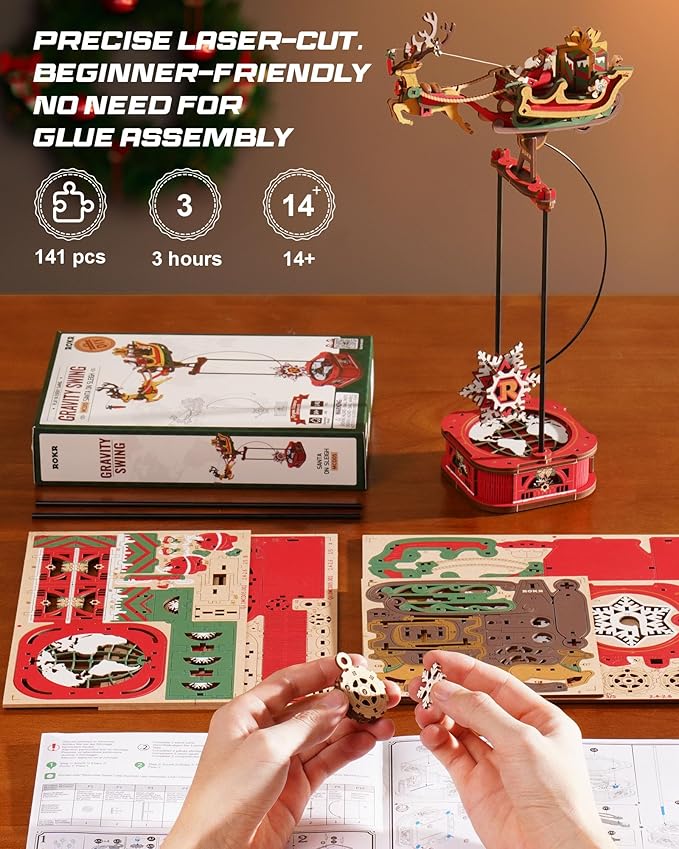 ROKR 3D Wooden Puzzle Santa on Sleigh Gravity Swing Series Wooden Model Kits DIY Dynamic Balance Christmas Decor,Mechanical Model Building Kit, for Teens and Adults