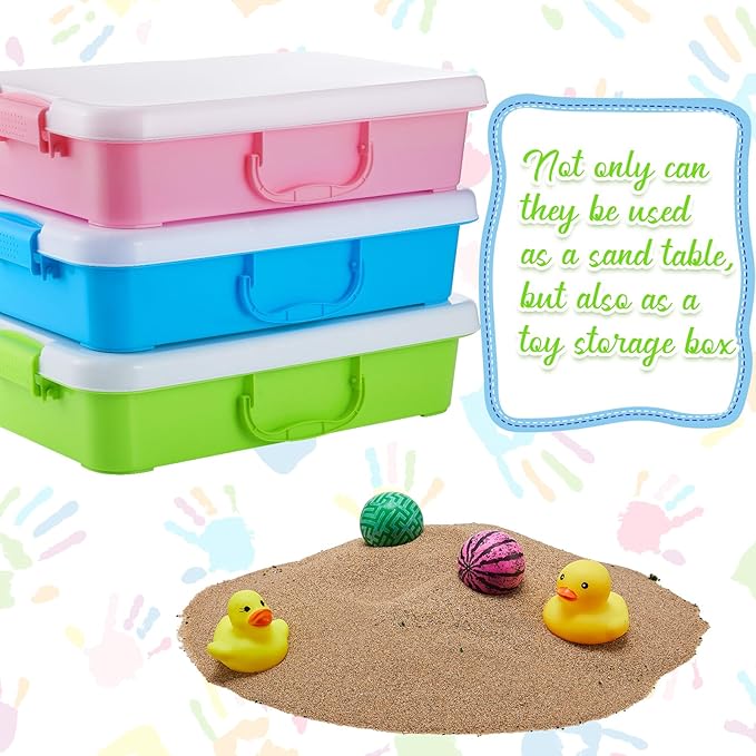 Suzile 3 Pcs Portable Sensory Bin Sand Tray with Lid, 15 Inch Colorful Plastic Sandbox Toy, Large Play Tray Fill with Sand, Water, Beads, and More, 3 Colors(Pink, Green, Blue)