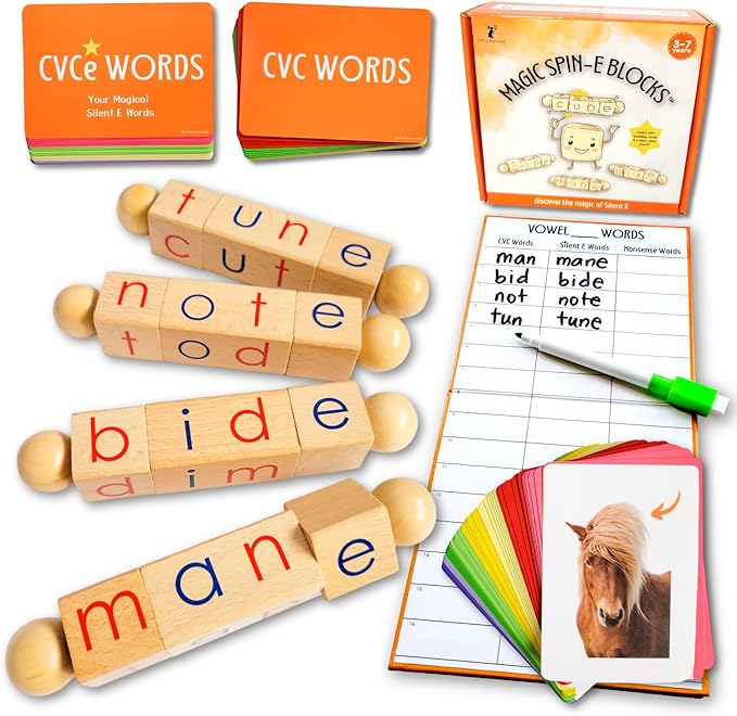 LITTLE BUD KIDS Magic Spin-E Blocks - A Silent E Phonics Toy & Montessori CVCe Reading Blocks for Kids Ages 4–7