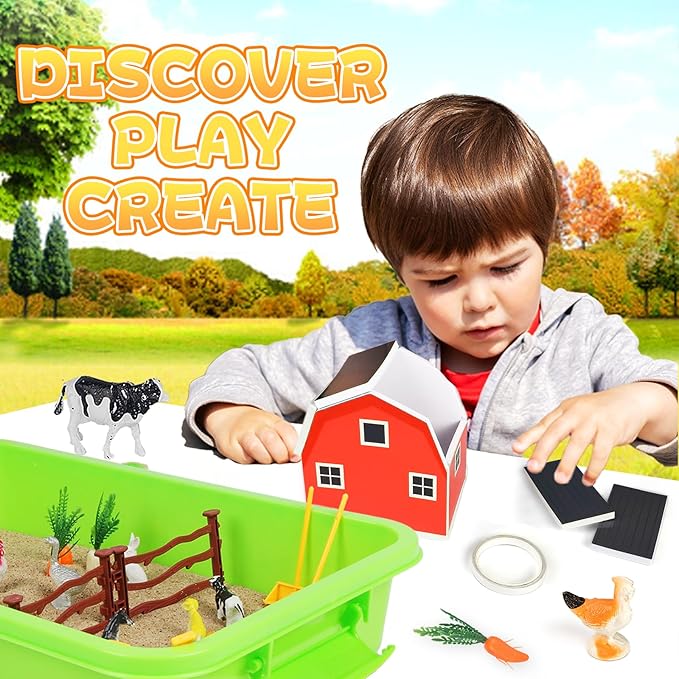 Farm Sensory Bin，Farm Animals Sand Kit with Sensory Sand，Barn Sandbox with Tractor，Sensory Play Sand Set for Kids 3 4 5 6 7