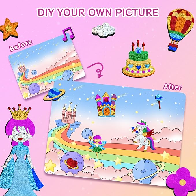 PERRYHOME Foil Arts and Crafts for Kids Ages 4-8 -DIY Unicorn & Princess Foil Foam Stickers Fun,Mess Free Kids Crafts,Creative Christmas Birthday Gifts Toys for 4 5 6 7 8 Year Old Girls