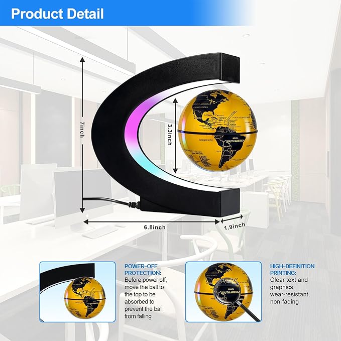 Flagest Magnetic Levitation Floating Globe, Levitating C Shape Golden Globe with LED Lights for Education Home Office Desk Decor, Holiday Anniversary Creative Gift(3.3 Inches)