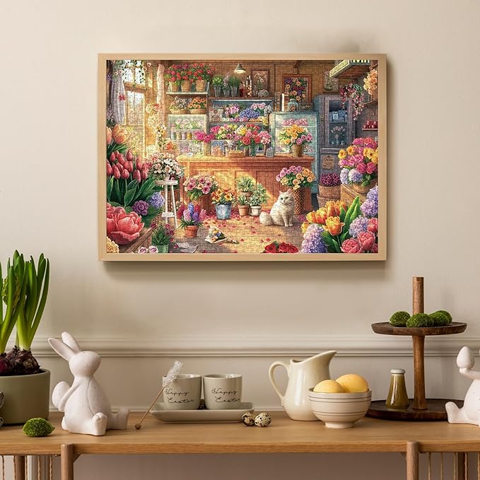 Flower Colorful Shop Puzzle 1000 Pieces for Adults, Spring Floral Plant Cabin Jigsaw Puzzle, Vintage Garden Cat Nature Puzzles
