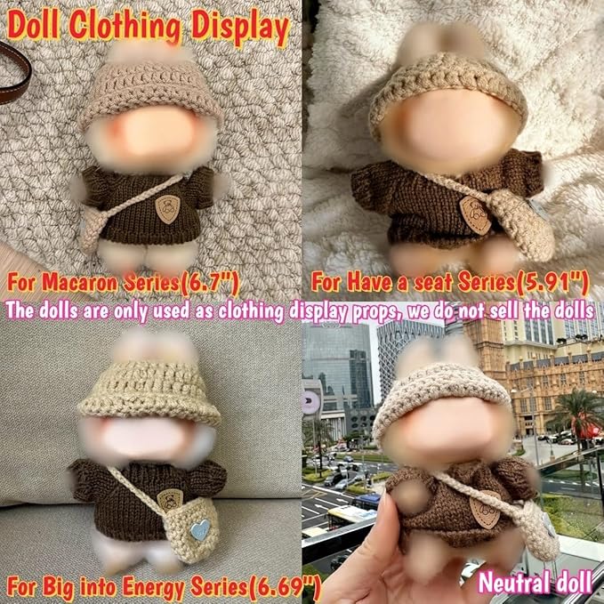 Clothes for Labubu(NO Doll), 15cm/17cm Doll Accessories Suit ,Handcrafted Crochet 3-Piece Set,Premium Outfit with Accessories for , Stylish Clothes for Dolls, Play & Collector