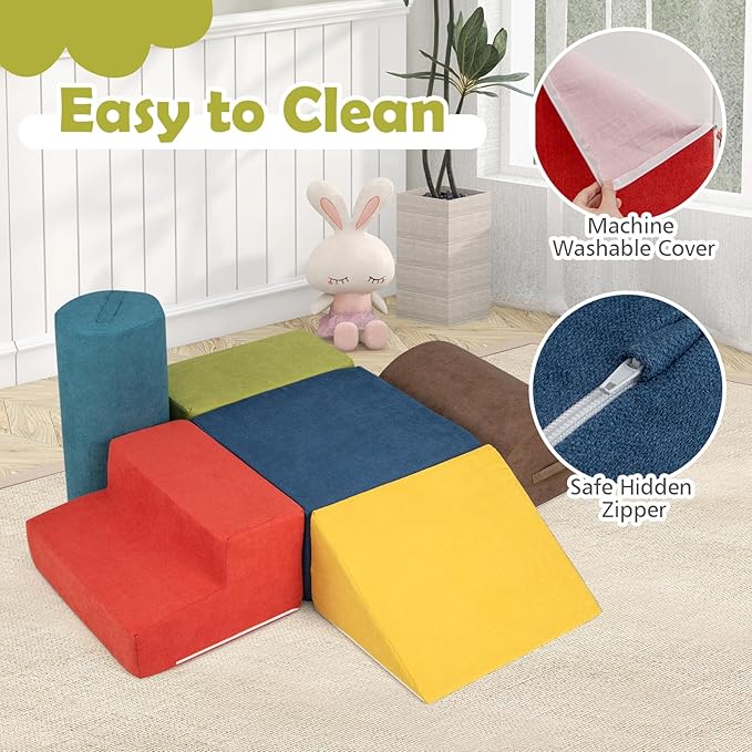 Costzon Toddler Climbing Toys Indoor, 6 Pieces Foam Climbing Blocks for Baby w/Skin-Friendly Chenille Fabric, 30D High-Density Foam & Carrying Handles, Soft Play Climbing for Toddler (Assorted)