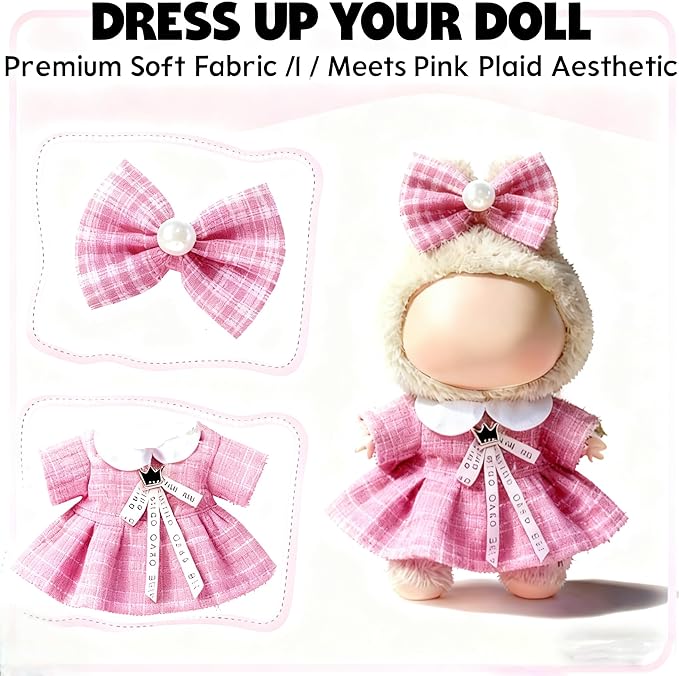 Clothes for LABUBU 17cm Doll (NO Doll), Outfit for LABUBU, Dress and Hairpin Set for LABUBU Dress Up, Fashion and Premium Dolls Accessories for LABUBU (Style S)
