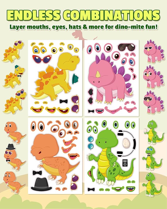 Aowplc 30 Sheets Make A Dinosaur Stickers for Kids Fun Mix 'n Match Craft for Party Favors & Activities