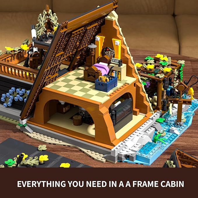 FUNWHOLE A-Frame Cabin Lighting Building Bricks Set - 2061 PCS Adult Construction Building Model Set for Adults and Teen