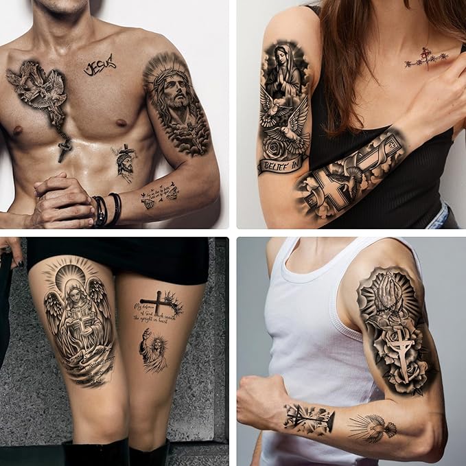 77 Sheets Christian Temporary Tattoo for Women Men, 17 Sheets Half Arm Religious Cross Jesus God Angels Fake Tattoos for Adult Arm Chest, 60 Sheets Christ Tiny Realistic Tattoos Stickers for Kids