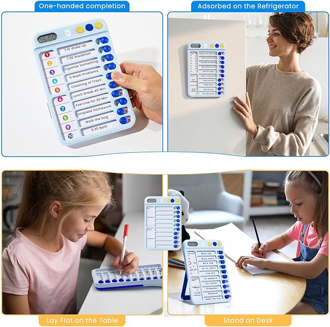 Magnetic Chore Chart for Kids with Timer, Visual Schedule for Kids, ADHD Tools for Kids to Do List, Checklist with 99-Min Countup/Countdown Chore Board with Sliders & 12 Dry-Erase Sheets (Blue)