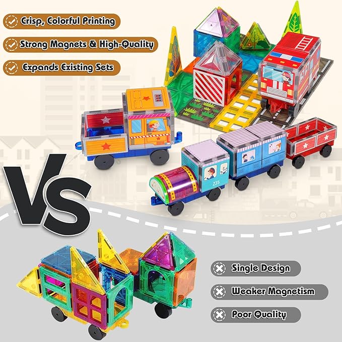 Magnetic Tiles Cars Construction Set - 30 PCS Magnetic Tiles Magnet Bricks Truck Sensory Toys, Educational Magnet Cars Set Building Blocks for 3 4 5 6 7 8+ Year Old Girls Boys Toddler