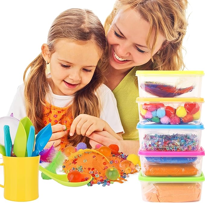 Sensory Kit for Toddlers and Kids - Includes 6 Bins with Lids, Play Tools, Sand, Feathers, Clay, Color Beads and Pom Poms Kids Box Fillers